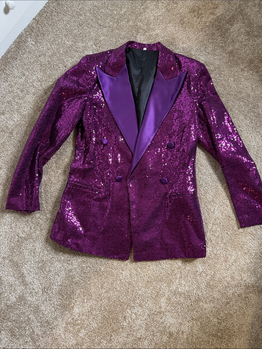 NEW Amazon Purple Sequin Double-Breasted Blazer with Satin Lapels